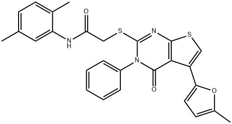 N-(2,5-dimethylphenyl)-2-((5-(5-methylfuran-2-yl)-4-oxo-3-phenyl-3,4-dihydrothieno[2,3-d]pyrimidin-2-yl)thio)acetamide 化学構造式