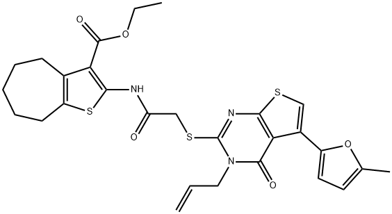 ethyl 2-(2-((3-allyl-5-(5-methylfuran-2-yl)-4-oxo-3,4-dihydrothieno[2,3-d]pyrimidin-2-yl)thio)acetamido)-5,6,7,8-tetrahydro-4H-cyclohepta[b]thiophene-3-carboxylate,379239-68-6,结构式