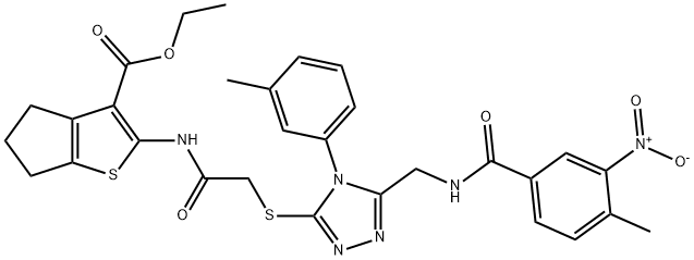 ethyl 2-(2-((5-((4-methyl-3-nitrobenzamido)methyl)-4-(m-tolyl)-4H-1,2,4-triazol-3-yl)thio)acetamido)-5,6-dihydro-4H-cyclopenta[b]thiophene-3-carboxylate Struktur