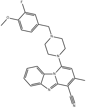 1-(4-(3-fluoro-4-methoxybenzyl)piperazin-1-yl)-3-methylbenzo[4,5]imidazo[1,2-a]pyridine-4-carbonitrile 结构式