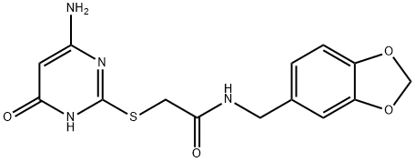 2-[(4-amino-6-oxo-1,6-dihydropyrimidin-2-yl)sulfanyl]-N-(1,3-benzodioxol-5-ylmethyl)acetamide 化学構造式