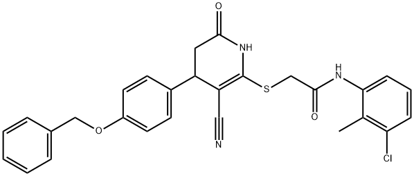 2-((4-(4-(benzyloxy)phenyl)-3-cyano-6-oxo-1,4,5,6-tetrahydropyridin-2-yl)thio)-N-(3-chloro-2-methylphenyl)acetamide,487022-44-6,结构式