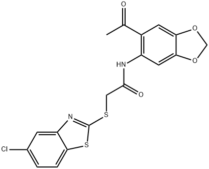 N-(6-acetyl-1,3-benzodioxol-5-yl)-2-[(5-chloro-1,3-benzothiazol-2-yl)sulfanyl]acetamide 化学構造式