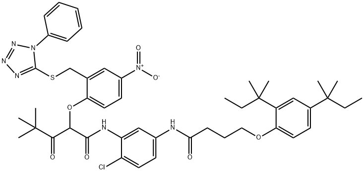 N-[5-[4-[2,4-bis(2-methylbutan-2-yl)phenoxy]butanoylamino]-2-chlorophenyl]-4,4-dimethyl-2-[4-nitro-2-[(1-phenyltetrazol-5-yl)sulfanylmethyl]phenoxy]-3-oxopentanamide Struktur