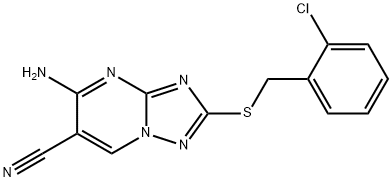 5-氨基-2-((2-氯苯甲基)硫代)-[1,2,4]三唑并[1,5-A]嘧啶-6-甲腈, 878414-55-2, 结构式
