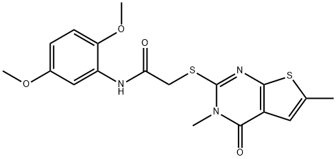 N-(2,5-dimethoxyphenyl)-2-(3,6-dimethyl-4-oxothieno[2,3-d]pyrimidin-2-yl)sulfanylacetamide 化学構造式