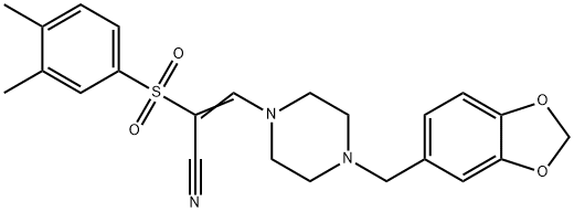 (E)-3-[4-(1,3-benzodioxol-5-ylmethyl)piperazin-1-yl]-2-(3,4-dimethylphenyl)sulfonylprop-2-enenitrile 结构式