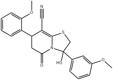 3-hydroxy-7-(2-methoxyphenyl)-3-(3-methoxyphenyl)-5-oxo-6,7-dihydro-2H-[1,3]thiazolo[3,2-a]pyridine-8-carbonitrile 结构式