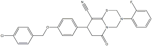 8-[4-[(4-chlorophenyl)methoxy]phenyl]-3-(2-fluorophenyl)-6-oxo-2,4,7,8-tetrahydropyrido[2,1-b][1,3,5]thiadiazine-9-carbonitrile Structure