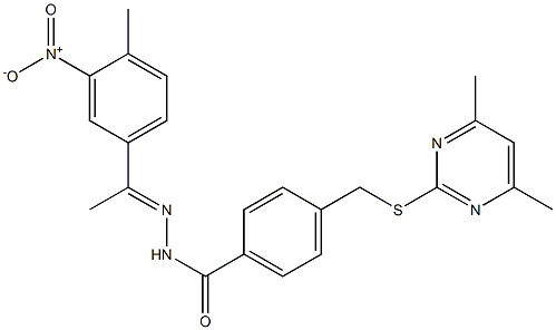 (E)-4-(((4,6-dimethylpyrimidin-2-yl)thio)methyl)-N'-(1-(4-methyl-3-nitrophenyl)ethylidene)benzohydrazide 结构式