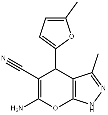 6-amino-3-methyl-4-(5-methylfuran-2-yl)-1,4-dihydropyrano[2,3-c]pyrazole-5-carbonitrile Struktur
