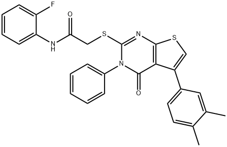 2-((5-(3,4-dimethylphenyl)-4-oxo-3-phenyl-3,4-dihydrothieno[2,3-d]pyrimidin-2-yl)thio)-N-(2-fluorophenyl)acetamide Struktur