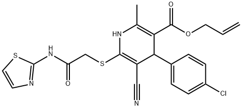 allyl 4-(4-chlorophenyl)-5-cyano-2-methyl-6-((2-oxo-2-(thiazol-2-ylamino)ethyl)thio)-1,4-dihydropyridine-3-carboxylate Structure