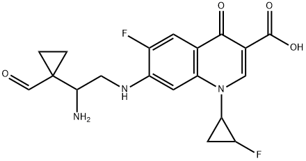 7-((2-amino-2-(1-formylcyclopropyl)ethyl)amino)-6-fluoro-1-(2-fluorocyclopropyl)-4-oxo-1,4-dihydroquinoline-3-carboxylic acid 化学構造式