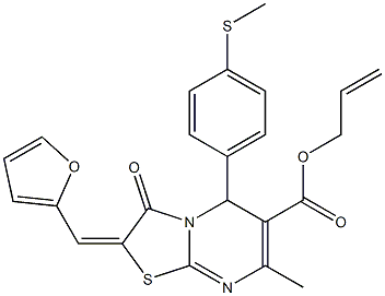 prop-2-enyl 8-(2-furylmethylidene)-4-methyl-2-(4-methylsulfanylphenyl)-9-oxo-7-thia-1,5-diazabicyclo[4.3.0]nona-3,5-diene-3-carboxylate,6997-65-5,结构式