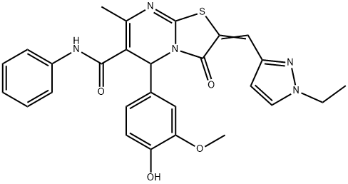 (2E)-2-[(1-ethylpyrazol-3-yl)methylidene]-5-(4-hydroxy-3-methoxyphenyl)-7-methyl-3-oxo-N-phenyl-5H-[1,3]thiazolo[3,2-a]pyrimidine-6-carboxamide Structure