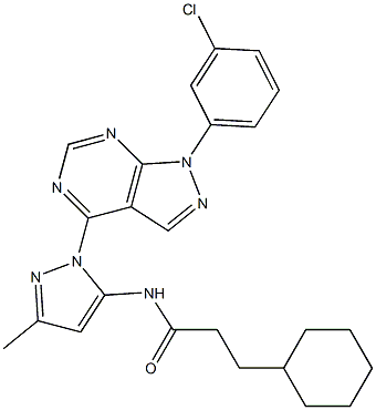 N-[2-[1-(3-chlorophenyl)pyrazolo[3,4-d]pyrimidin-4-yl]-5-methylpyrazol-3-yl]-3-cyclohexylpropanamide Structure