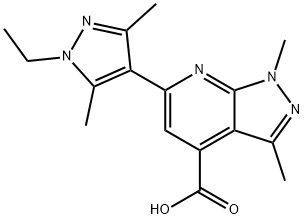 6-(1-エチル-3,5-ジメチル-1H-ピラゾール-4-イル)-1,3-ジメチル-1H-ピラゾロ[3,4-B]ピリジン-4-カルボン酸 化学構造式