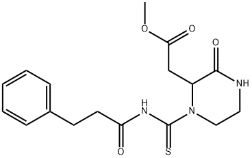 methyl (3-oxo-1-{[(3-phenylpropanoyl)amino]carbonothioyl}-2-piperazinyl)acetate 化学構造式