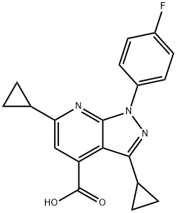 3,6-ジシクロプロピル-1-(4-フルオロフェニル)-1H-ピラゾロ[3,4-B]ピリジン-4-カルボン酸 化学構造式