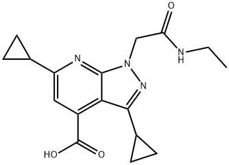 3,6-Dicyclopropyl-1-[2-(ethylamino)-2-oxoethyl]-1H-pyrazolo[3,4-b]pyridine-4-carboxylic acid Struktur