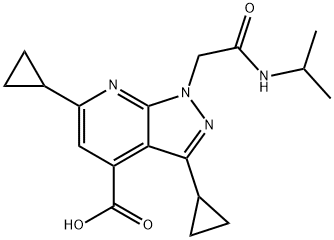 3,6-Dicyclopropyl-1-[2-(isopropylamino)-2-oxoethyl]-1H-pyrazolo[3,4-b]pyridine-4-carboxylic acid Struktur