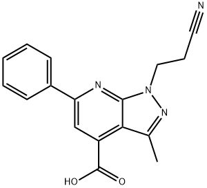 1-(2-Cyanoethyl)-3-methyl-6-phenyl-1H-pyrazolo[3,4-b]pyridine-4-carboxylic acid 化学構造式