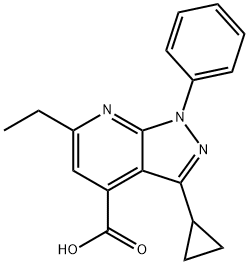 3-Cyclopropyl-6-ethyl-1-phenyl-pyrazolo[3,4-b]pyridine-4-carboxylic acid Struktur