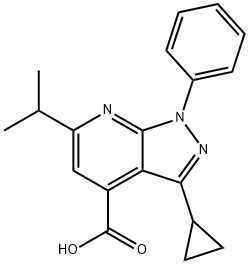 3-Cyclopropyl-6-isopropyl-1-phenyl-pyrazolo[3,4-b]pyridine-4-carboxylic acid Struktur