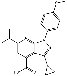 3-シクロプロピル-6-イソプロピル-1-(4-メトキシフェニル)-1H-ピラゾロ[3,4-B]ピリジン-4-カルボン酸 化学構造式