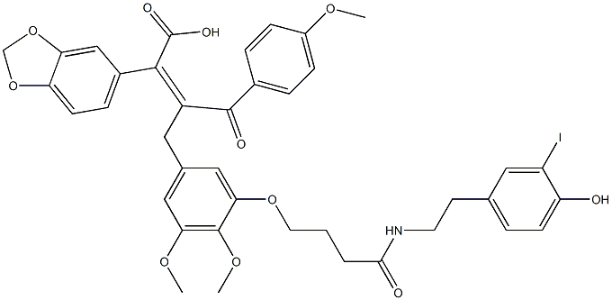 2-(1,3-ベンゾジオキソール-5-イル)-4-[3-[3-[[2-(4-ヒドロキシフェニル)エチル]カルバモイル]プロポキシ]-4,5-ジメトキシフェニル]-3-(4-メトキシベンゾイル)-2-ブテン酸 化学構造式