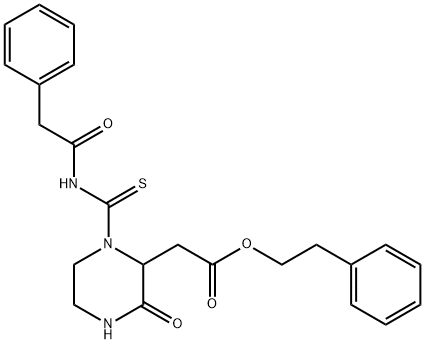2-phenylethyl 2-[3-oxo-1-[(2-phenylacetyl)carbamothioyl]piperazin-2-yl]acetate Structure