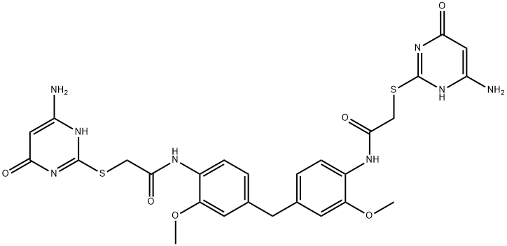2-[(6-amino-4-oxo-1H-pyrimidin-2-yl)sulfanyl]-N-[4-[[4-[[2-[(6-amino-4-oxo-1H-pyrimidin-2-yl)sulfanyl]acetyl]amino]-3-methoxyphenyl]methyl]-2-methoxyphenyl]acetamide Struktur