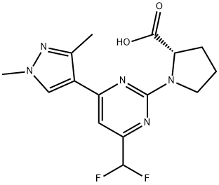 1-[4-(ジフルオロメチル)-6-(1,3-ジメチル-1H-ピラゾール-4-イル)ピリミジン-2-イル]プロリン 化学構造式