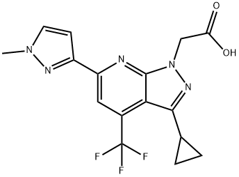 2-[3-Cyclopropyl-6-(1-methylpyrazol-3-yl)-4-(trifluoromethyl)pyrazolo[3,4-b]pyridin-1-yl]acetic acid Struktur