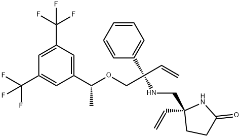 2-Pyrrolidinone, 5-[[[(1S)-1-[[(1R)-1-[3,5-bis(trifluoromethyl)phenyl]ethoxy]methyl]-1-phenyl-2-propen-1-yl]amino]methyl]-5-ethenyl-, (5R)- 化学構造式