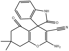 2-amino-7,7-dimethyl-2',5-dioxo-1',2',5,6,7,8-hexahydrospiro[chromene-4,3'-indole]-3-carbonitrile 化学構造式