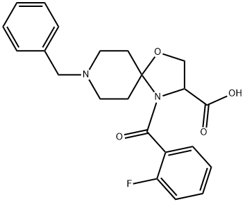8-ベンジル-4-(2-フルオロベンゾイル)-1-オキサ-4,8-ジアザスピロ[4.5]デカン-3-カルボン酸 化学構造式