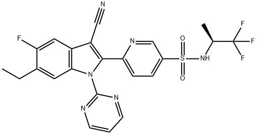 6-(3-cyano-6-ethyl-5-fluoro-1-pyrimidin-2-ylindol-2-yl)-N-[(2S)-1,1,1-trifluoropropan-2-yl]pyridine-3-sulfonamide Struktur
