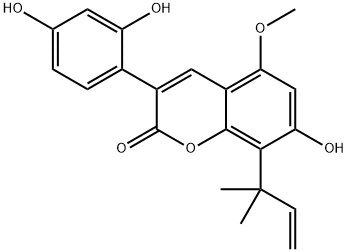 2H-1-Benzopyran-2-one,3-(2,4-dihydroxyphenyl)-8-(1,1-dimethyl-2-propen-1-yl)-7-hydroxy-5-methoxy- Struktur