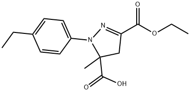 3-(エトキシカルボニル)-1-(4-エチルフェニル)-5-メチル-4,5-ジヒドロ-1H-ピラゾール-5-カルボン酸 化学構造式