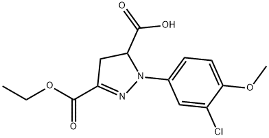 1-(3-クロロ-4-メトキシフェニル)-3-(エトキシカルボニル)-4,5-ジヒドロ-1H-ピラゾール-5-カルボン酸 化学構造式