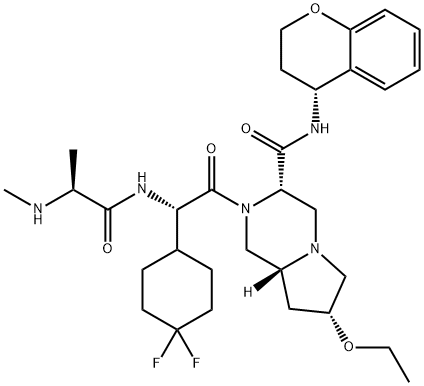 (3S,7R,8aR)-2-[(2S)-2-(4,4-difluorocyclohexyl)-2-[[(2S)-2-(methylamino)propanoyl]amino]acetyl]-N-[(4R)-3,4-dihydro-2H-chromen-4-yl]-7-ethoxy-3,4,6,7,8,8a-hexahydro-1H-pyrrolo[1,2-a]pyrazine-3-carboxamide Struktur