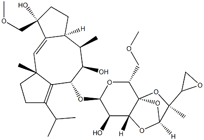 Dicyclopenta[a,d]cyclooctene-5,9-diol,1,2,4,5,6,6a,7,8,9,10a-decahydro-9-(methoxymethyl)-6,10a-dimethyl-3-(1-methylethyl)-4-[[(2S,3S,4aS,5R,7S,8R,8aR)-tetrahydro-8-hydroxy-5-(methoxymethyl)-3-methyl-3-[(2S)-2-oxiranyl]-7H-2,4a-epoxy-5H-pyrano[3,4-b]-1,4-dioxin-7-yl]oxy]-,(4R,5R,6R,6aS,9R,10aR)-,12708-37-1,结构式