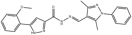 (E)-N-((3,5-dimethyl-1-phenyl-1H-pyrazol-4-yl)methylene)-3-(2-methoxyphenyl)-1H-pyrazole-5-carbohydrazide 化学構造式