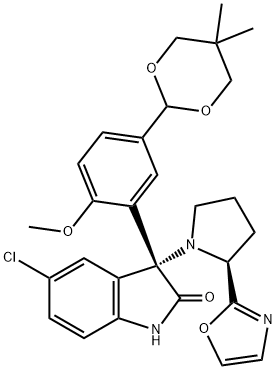 (R)-5-chloro-3-(5-(5,5-dimethyl-1,3-dioxan-2-yl)-2-methoxyphenyl)-3-((S)-2-(oxazol-2-yl)pyrrolidin-1-yl)indolin-2-one 化学構造式