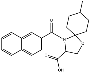 8-メチル-4-(ナフタレン-2-カルボニル)-1-オキサ-4-アザスピロ[4.5]デカン-3-カルボン酸 化学構造式