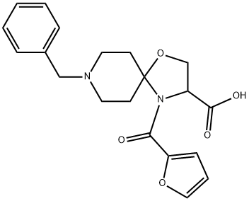 8-ベンジル-4-(フラン-2-カルボニル)-1-オキサ-4,8-ジアザスピロ[4.5]デカン-3-カルボン酸 化学構造式
