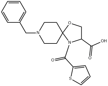 8-ベンジル-4-(チオフェン-2-カルボニル)-1-オキサ-4,8-ジアザスピロ[4.5]デカン-3-カルボン酸 化学構造式