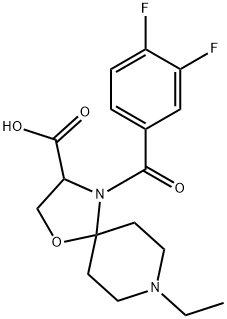 4-(3,4-ジフルオロベンゾイル)-8-エチル-1-オキサ-4,8-ジアザスピロ[4.5]デカン-3-カルボン酸 化学構造式
